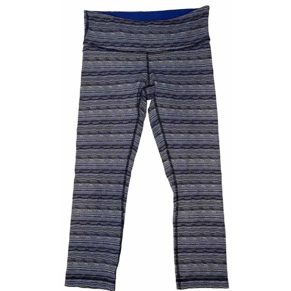 Lululemon Cropped Capri Leggings Size 6 Blue Black Striped Pattern